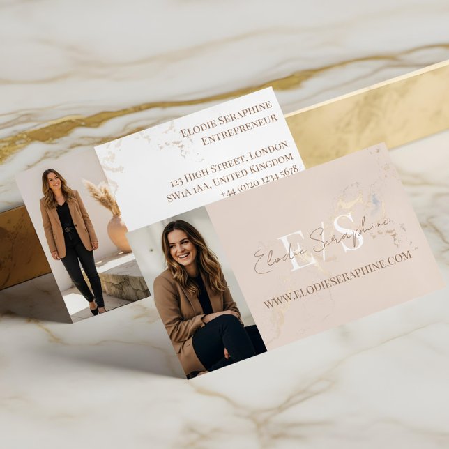 Elegant Luxury Gold Marble Script Monogram Photos Visitenkarte (Gold Marble Luxury Script Monogram Minimal Elegant Business Card)