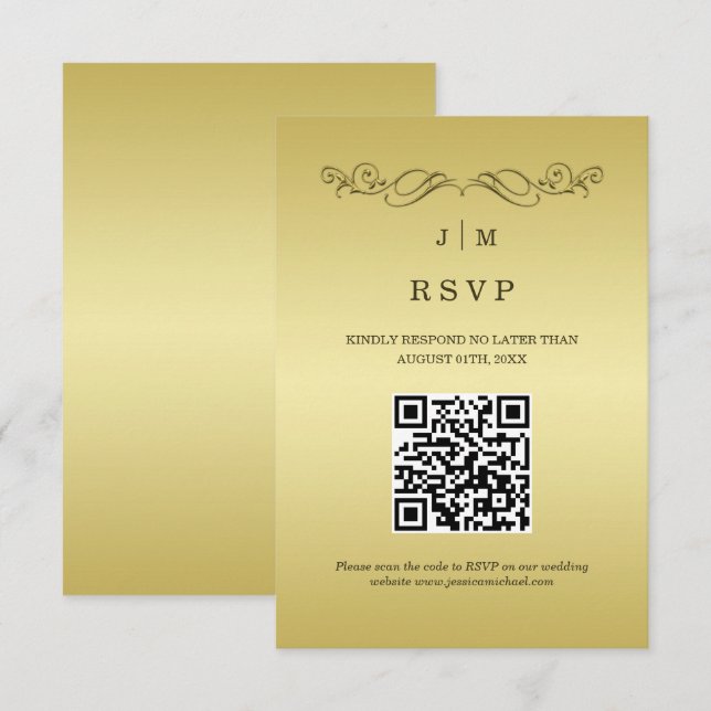 Elegant Luxury Gold Verzierte Hochzeit RSVP Karte (Vorne/Hinten)