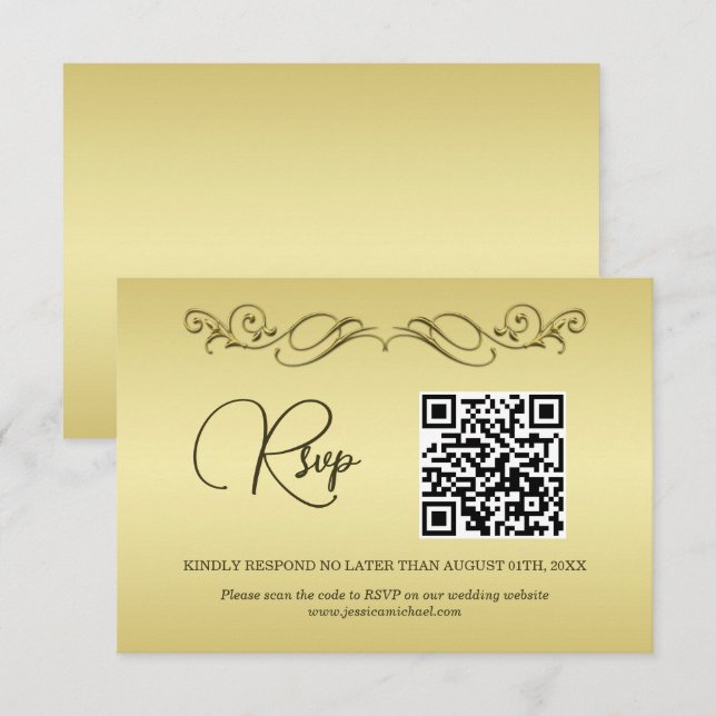 Elegant Luxury Gold Verzierte Hochzeit RSVP Karte (Vorne/Hinten)