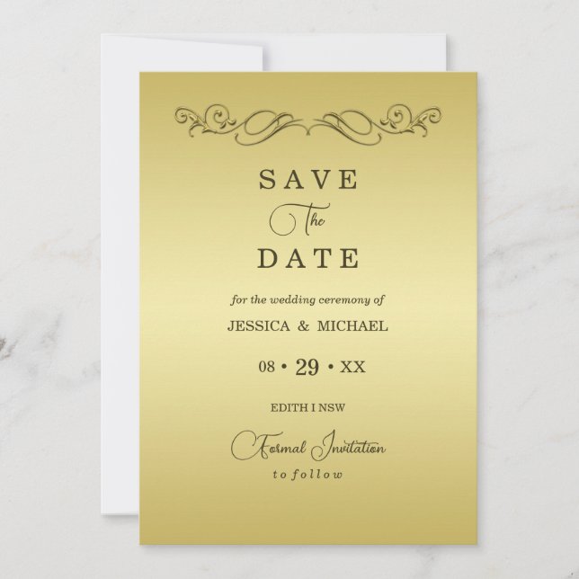 Elegant Luxury Gold Verzierte Hochzeit Save The Date (Vorderseite)