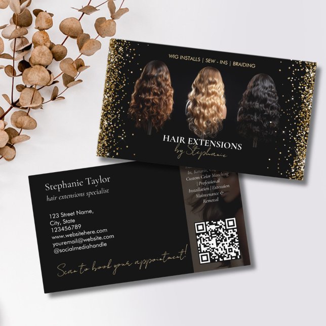 Elegant Luxury Hair Extensions Wig Installs Photo Visitenkarte (wigs business card with gold glitter details)