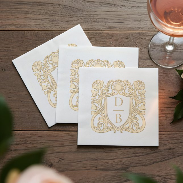 Elegant Luxury Hand Drawn Crest Wedding Monogram Servietten Mit Folie (Elegant Luxury Hand Drawn Crest Wedding Monogram Foil Napkins)