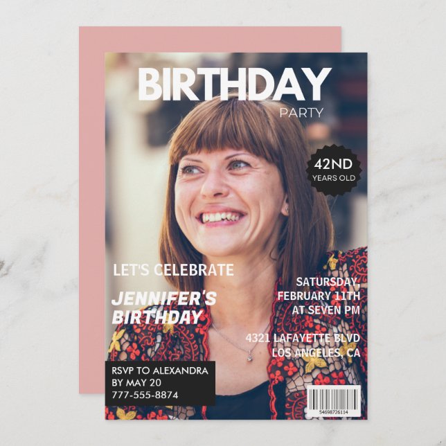 Elegant Luxury Magazine Foto 42. Geburtstag Einladung (Vorne/Hinten)