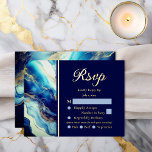 Elegant Luxury Navy Blue Gold Marble Wedding RSVP Folie Einladungspostkarte<br><div class="desc">Complete your wedding suite with this elegant navy blue and gold marble foil wedding RSVP card. Featuring dramatic abstract swirls of deep navy, teal, and shimmering gold accents, this design pairs bold modern artwork with refined metallic typography for a striking and sophisticated presentation. The rich navy response panel provides clear...</div>
