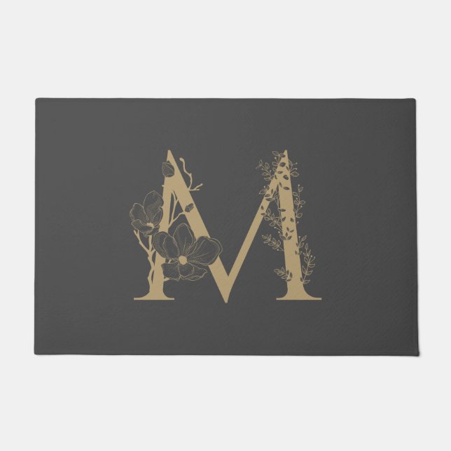 Elegant M Boho Floral Monogram Initial Gray Gold Fußmatte (Vorderseite)