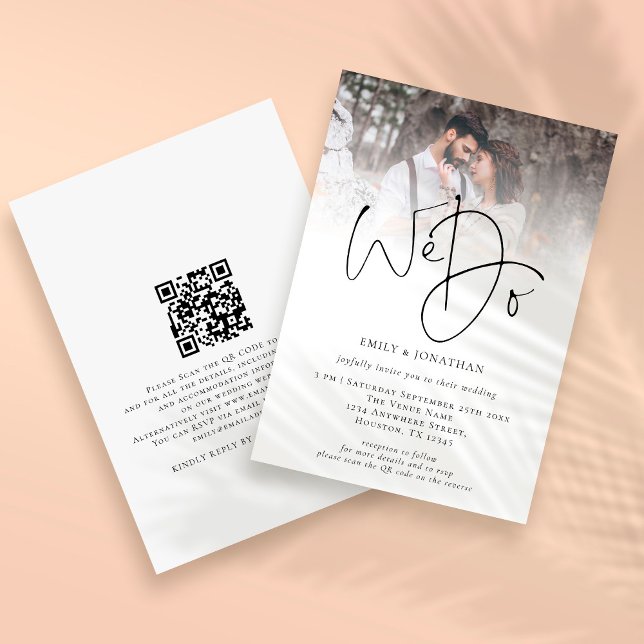 Elegant machen wir QR Code Foto Hochzeit Einladung (Front and back view. Part of the Photo Overlay Wedding Invitation Collection of Matching products )