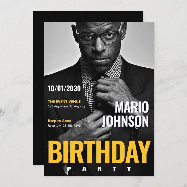 Elegant Magazine Cover Foto Geburtstag Einladung (Vorne/Hinten)