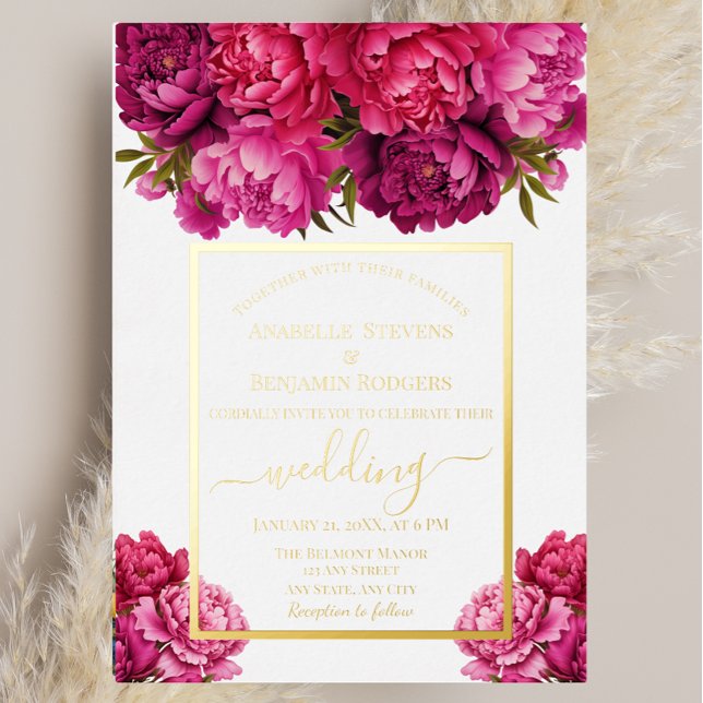 Elegant Magenta Peony Floral Wedding Folieneinladung (Von Creator hochgeladen)
