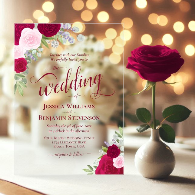 Elegant Magenta & Pink Boho Rose Extravagant Hochz Acryleinladungen (Clear Acrylic with Rectangle Cut)