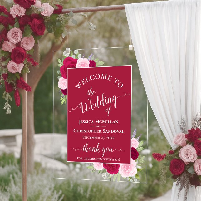 Elegant Magenta & Pink Boho Roses Wedding Welcome Acrylschild (Von Creator hochgeladen)