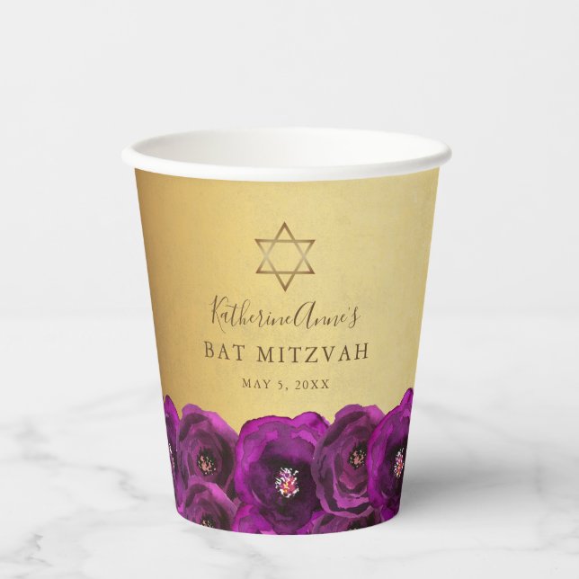 Elegant Magenta Pink Rose Floral Gold Bat Mitzvah Pappbecher (Vorderseite)