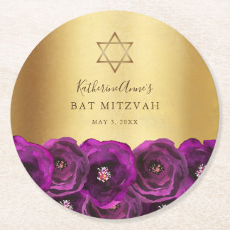 Elegant Magenta Pink Rose Floral Gold Bat Mitzvah Runder Pappuntersetzer