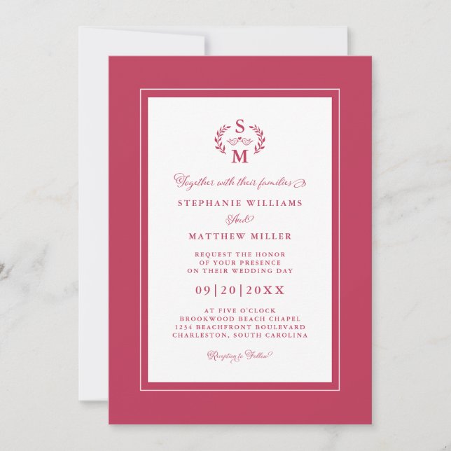 Elegant Magenta Red Initials Calligraphy Wedding Einladung (Vorderseite)