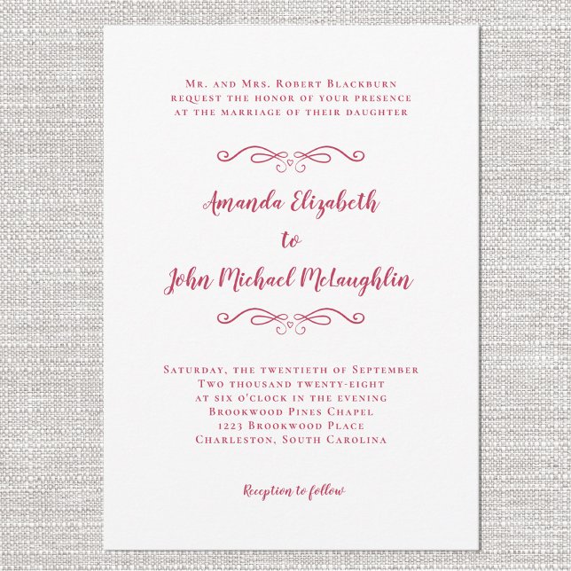 Elegant Magenta Red Script Classic feierliche Hoch Einladung (Elegant Magenta Red Script Classic Formal Wedding Invitation)