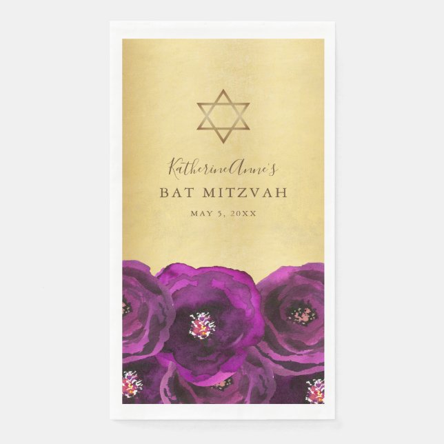 Elegant Magenta Rose Floral Gold Bat Mitzvah Serviette (Vorderseite)
