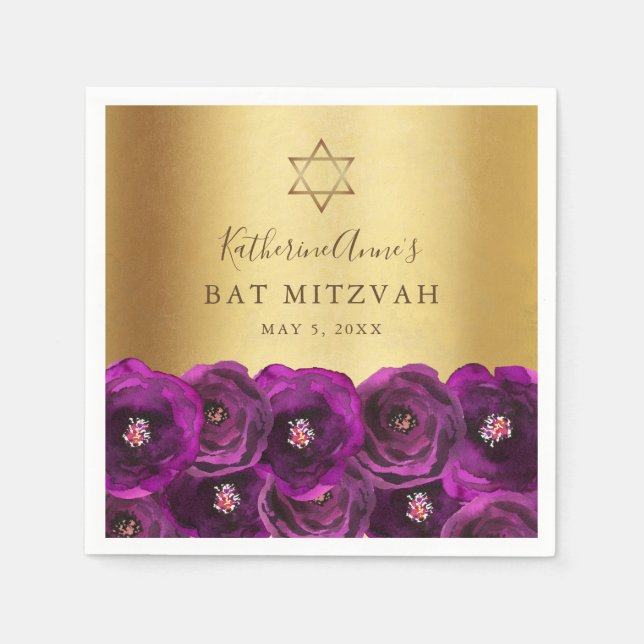 Elegant Magenta Rose Floral Gold Bat Mitzvah Serviette (Vorderseite)