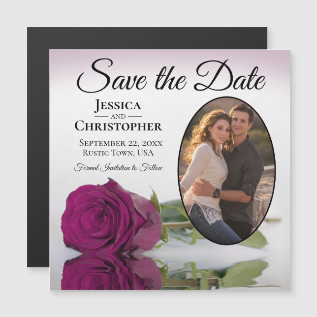 Elegant Magenta Rose Wedding Save the Date Foto Magneteinladung (Vorne/Hinten)
