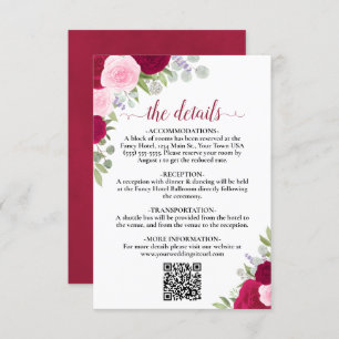 Elegant Magenta Roses Wedding Details QR Code Begleitkarte