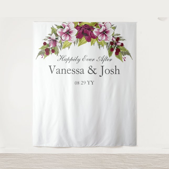 Elegant Magenta White Florals Green Botanicals Wandteppich (Vorderseite)