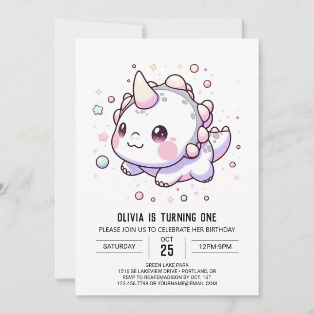 Elegant Magical Dinosaur 1. Geburtstag Einladung (Vorderseite)