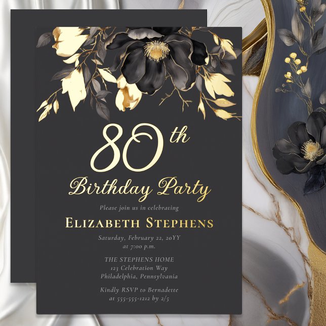 Elegant Magnolia Adult 80th Birthday Party Gold  Folieneinladung (Elegant Magnolia Luxury Gold Foil Graphite Gray Adult 80th Birthday Party Invitation)