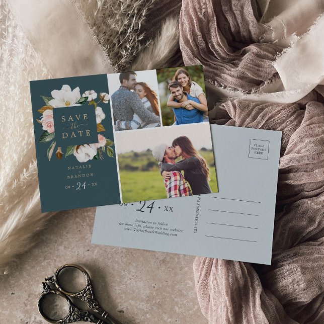 Elegant Magnolia | AQUAMARIN 3 FOTO SAVE THE DATE Einladungspostkarte (Von Creator hochgeladen)