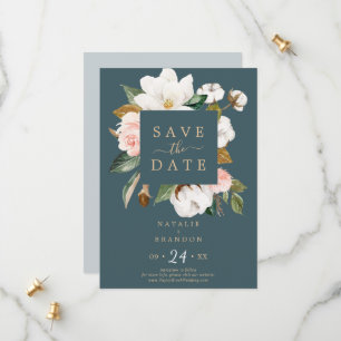 Elegant Magnolia Aquamarine Save the Date Karte