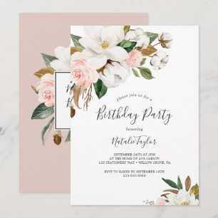 Elegant Magnolia   Birthday Party in Weiß und Blus Einladung