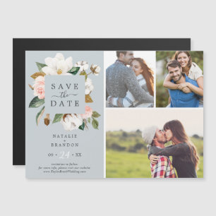 Elegant Magnolia Blaugraues 3 Foto Save the Date Magneteinladung