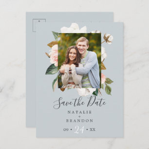 Elegant Magnolia Blaugraues Foto Save the Date Einladungspostkarte