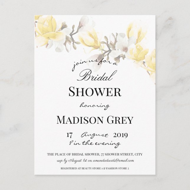 Elegant Magnolia Blossom Bridal Dusche Einladung Postkarte (Vorderseite)