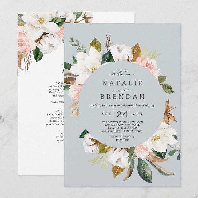 Elegant Magnolia | Blue Gray Front & Back Wedding Einladung (Vorne/Hinten)