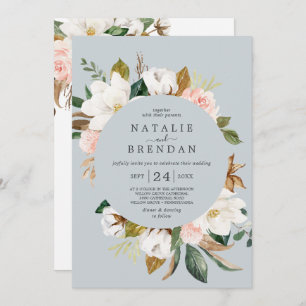 Elegant Magnolia   Blue Gray Front & Back Wedding Einladung