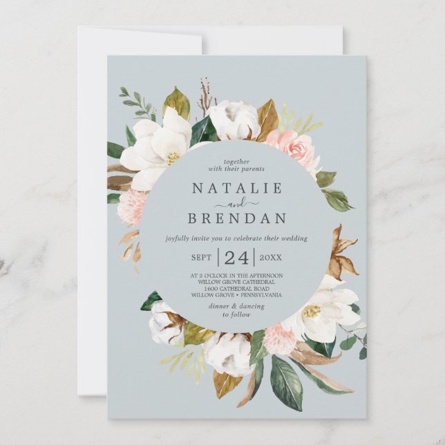 Elegant Magnolia | Blue Gray mit Date Wedding Einladung (Vorderseite)