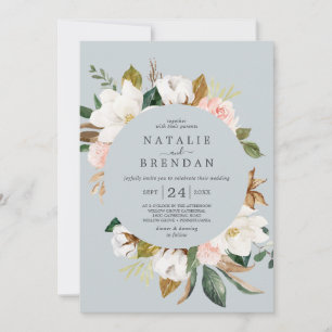 Elegant Magnolia   Blue Gray mit Date Wedding Einladung