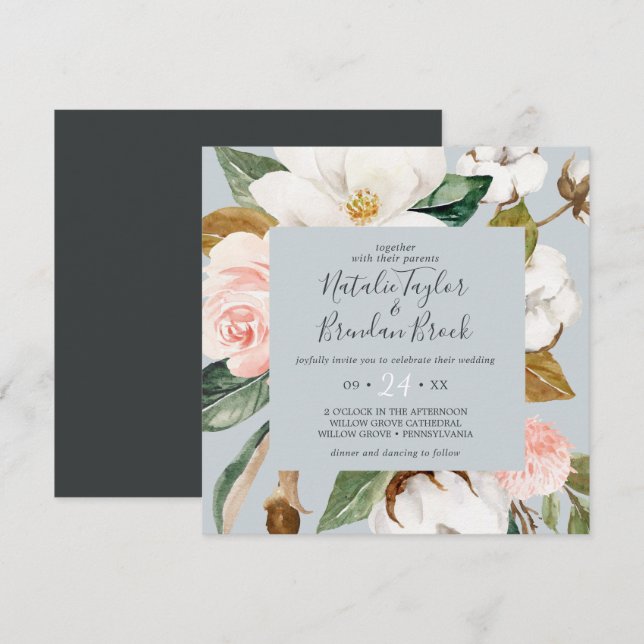 Elegant Magnolia | Blue Gray Square Wedding Einladung (Vorne/Hinten)