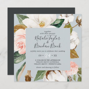 Elegant Magnolia   Blue Gray Square Wedding Einladung