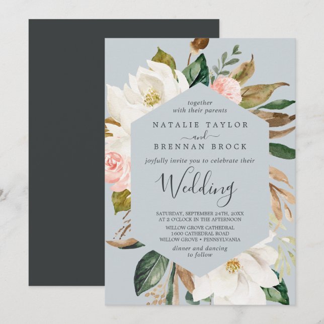 Elegant Magnolia | Blue Gray Wedding Einladung (Vorne/Hinten)