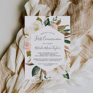 Elegant Magnolia Erste Kommune Weiß und Weiß Einladung