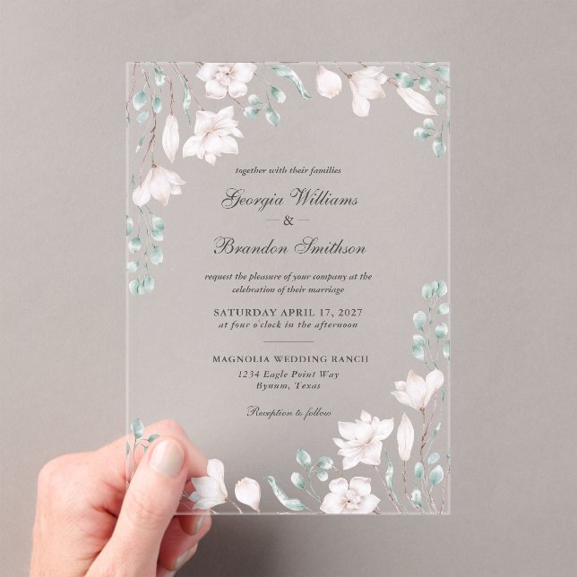 Elegant Magnolia Eucalyptus Floral Wedding Acryleinladungen (Insitu (Handheld))