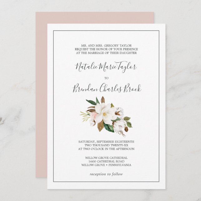 Elegant Magnolia | Feierliche Hochzeit mit Weiß un Einladung (Vorne/Hinten)