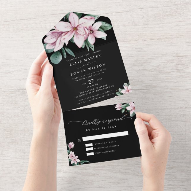 Elegant Magnolia Florals Moderne Script Wedding All In One Einladung (Abreißen)