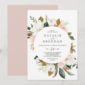 Elegant Magnolia | Lässige Hochzeit in Weiß und Ro Einladung