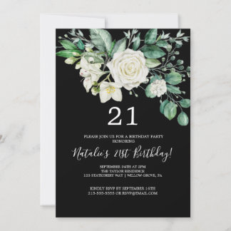 Elegant Magnolia | Schwarz/Weiß 21. Geburtstag Einladung