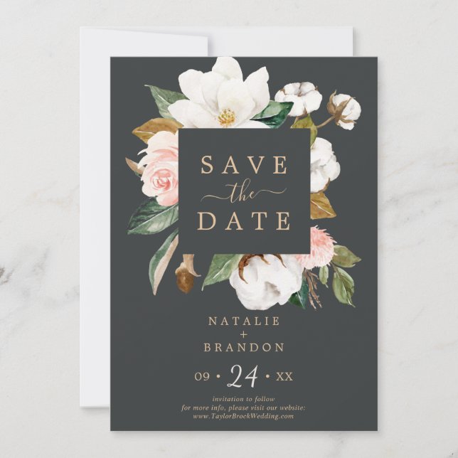 Elegant Magnolia | Schwarze Save the Date Karte (Vorderseite)