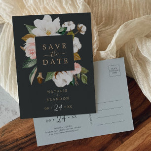 Elegant Magnolia   Schwarze Save the Date Postkart Einladungspostkarte