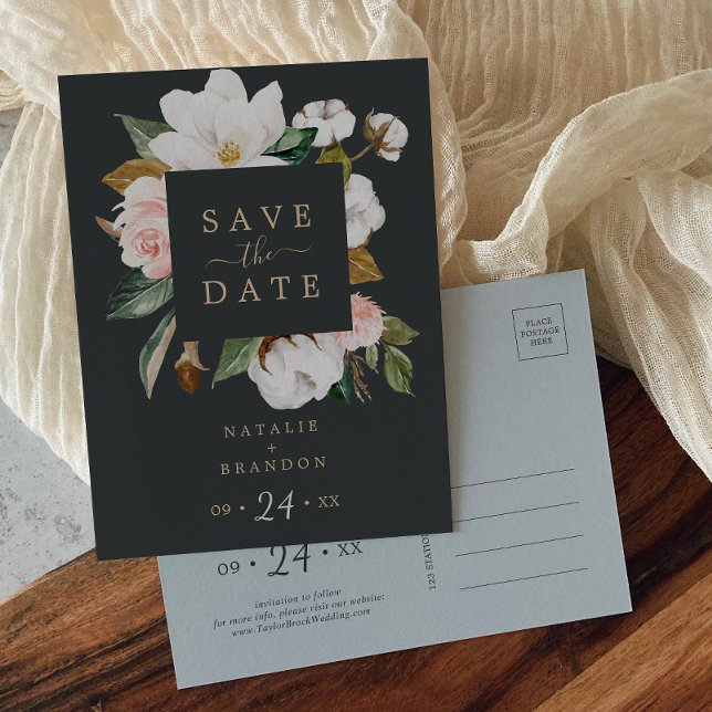 Elegant Magnolia | Schwarze Save the Date Postkart Einladungspostkarte (Von Creator hochgeladen)