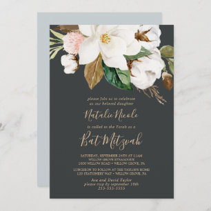 Elegant Magnolia Schwarzer und weißer Bat Mitzva Einladung