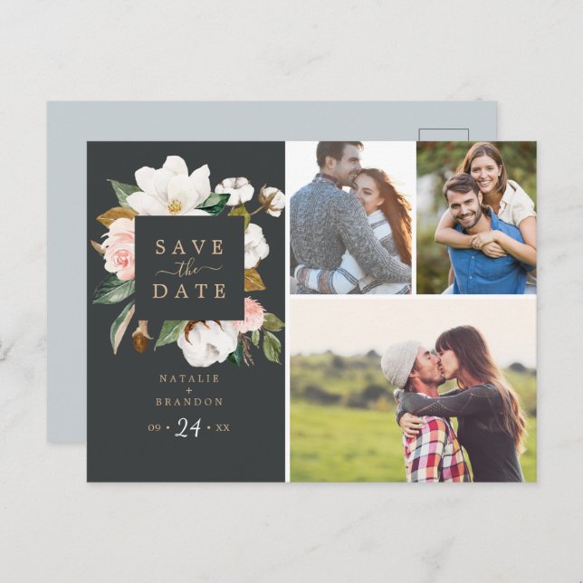 Elegant Magnolia | Schwarzes 3 Foto Save the Date Einladungspostkarte (Vorne/Hinten)