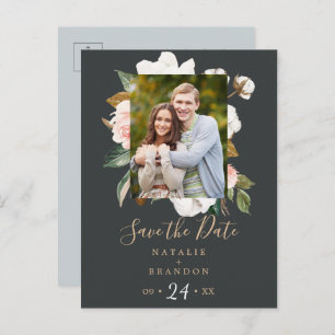 Elegant Magnolia Schwarzes Foto Save the Date Einladungspostkarte